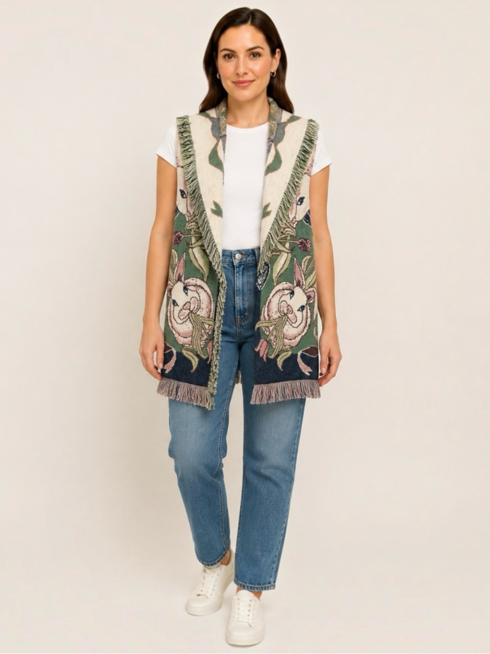 Sugar Street Weavers Rabbit Tulip Tapestry Fringe Vest M Cottagecore Folk Art - Picture 2 of 16